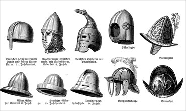 Helmets from various periods from the 11th century to the 18th century, illustration from 1880,