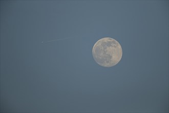 A full moon in the night sky with an aircraft flying passed it, England, United Kingdom, Europe