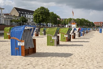 Empty beach chairs on the sandy beach, Wyk, Föhr, North Sea island, North Frisia,