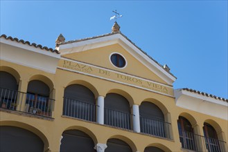 Close-up of the façade of the Plaza de Toros with inscription and balconies, bullring, Plaza de