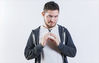 Crafty man rubbing hands isolated. Person rubbing hands planning something