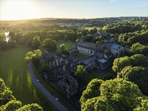 Kirkstall Abbey from a drone, Kirkstall, River Aire, Leeds, West Yorkshire, England, United