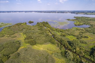 Aerial view of Lake Dümmer, nature reserve, reeds, shore, influence of the Hunte, river,