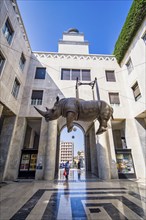 Hanging sculpture of a rhinoceros, Brescia, Lombardy, Italy, Europe