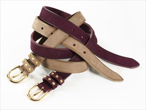 Leather belt in front of a white background, studio shot