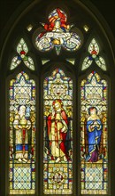 Stained glass window of Zacharias, Jesus Christ, Saint Elizabeth by TW Camm 1898, Wroughton church,