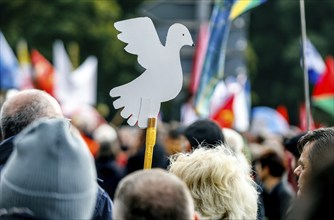 Demonstrator holding a peace dove during the demonstration Never again war, Berlin, 03.10.2024. The