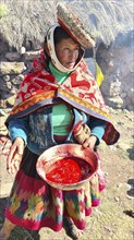 Quechua indigenous woman with a bowl of blood from slaughtering an alpaca, Peru, South America