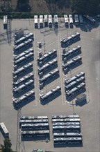 Aerial view, bus parking, public transport, depot, charging station, bus, electric, e-buses, car