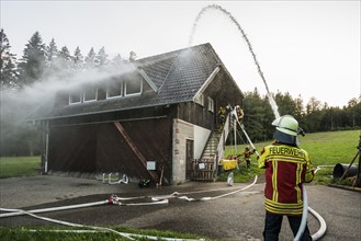 Fire brigade operation at a house fire, St Peter, Southern Black Forest, Black Forest,