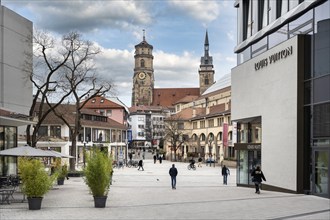 The Sporerplatz in the city centre of Stuttgart with the collegiate church, on the right the market