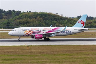 A Loongair Airbus A320 aircraft with the registration B-8336 and the 19th Asian Games, Hangzhou