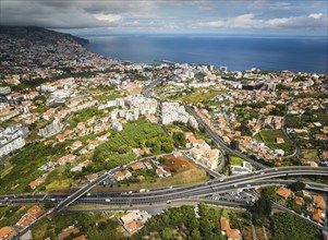 Aerial drone view of Funchal town, Madeira island, Portugal, Europe