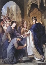 John submits to his brother King Richard I while their mother Eleanor of Aquitaine looks on. From