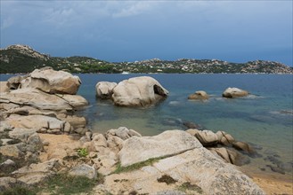 Beach and bizarre granite rocks, Spiaggia del Faraglione, Palau, Costa Smeralda, Sardinia, Italy,