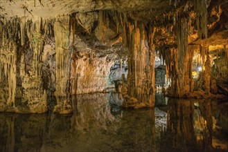 Huge stalactites and underground lake, stalactite cave, Grotta di Nettuno, Neptune Grotto, Capo