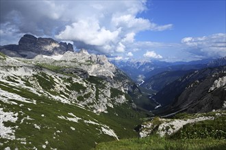 Cadore valley view from the Tre Cime di Lavaredo area in summer, Dolomites, South Tyrol, Italy,