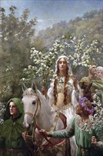 A woman in medieval dress rides a white horse holding flowering branches, surrounded by people in