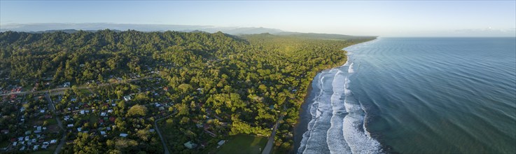 Aerial view, view of Cahuita National Park, coast and coastal landscape with forest, Cahuita,