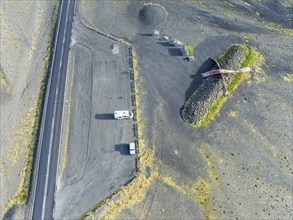 Aerial view of the Skeidara Bridge Monument viewpoint, large metal parts of the bridge that was