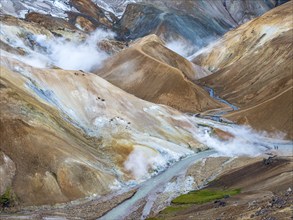 Steaming hot springs and colourful rhyolite mountains, Hveradalir geothermal area, Kerlingarfjöll,