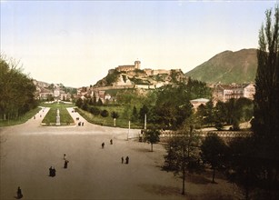 Fortress Château fort de Lourdes, France, ca 1890, Historical, digitally restored reproduction from