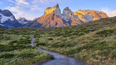 Los Cuernos, the horns, in the evening light, Torres del Paine National Park, Andes, Chile, South