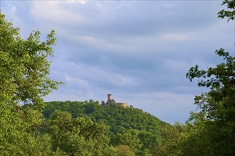 The old castle on a wooded hill under a cloudy sky, Mühlburg, Mühlberg, Drei Gleichen, Thuringia,