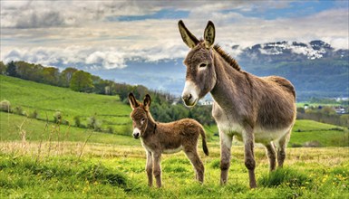 A large and a small donkey, mother and foal, stand in a meadow with a panoramic landscape in the