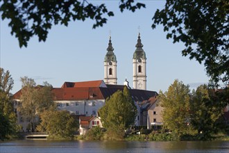 Church of St. Peter, view over the town lake, morning light, autumn, Bad forest lake, Upper Swabia,