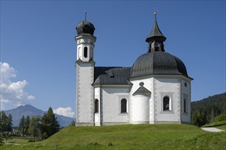 Seekirchl, Heiligkreuzkirche, view from the parish hill, Seefeld, Tyrol, Austria, Europe