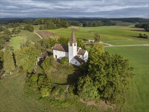 Aerial view of the Romanesque mountain church of St Michael near Büsingen am Hochrhein, district of