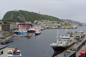 Harbour town with several ships, cloudy sky and adjacent buildings in front of a green hill,