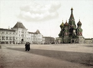 New Merchants' Shops and St Basil's Cathedral, Moscow, Russia, 1890, Historical, digitally restored