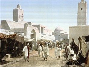 A mosque in the main street, Kairwan, Kairouan, Tunisia, around 1895, Historical, digitally