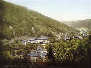 Spa square with hydrotherapeutic baths and Hotel Karaimann, Sinaia, Romania, View from 1885,