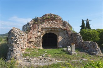 The ruins of an ancient structure with an arch, surrounded by trees under a clear sky,