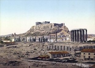 Acropolis With Temple of Olympian Jupiter, Athens, Greece, Historical, digitally restored