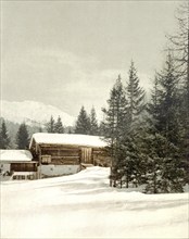 Winter landscape in Graubünden, Switzerland, Historical, digitally restored reproduction from a