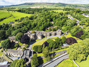 Skipton Castle from a drone, North Yorkshire, England, United Kingdom, Europe