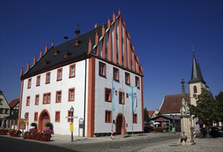 Old town hall and parish church, Hassfurt, Hassberge district, Lower Franconia, Bavaria, Germany,