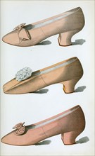 Shoe fashion in 1900, Women's shoes, Pink kid shoe and two pink satin shoes, Pink kid shoe and two