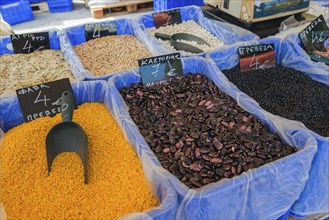 Various pulses in large containers at a market, market, Nafplio, Nauplia, Nauplion, Nafplion,