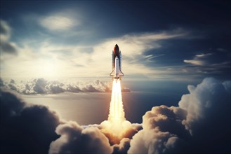 Aerial view of a rocket shuttle carrier launch at sunrise over an ocean coast. The rocket is