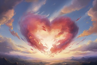 Painting of a heart-shaped cloud illuminated by the warm hues of sunset, floating above a serene