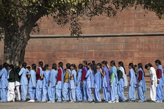 Muslim teenager girls wearing blue school uniforms in Old Delhi, India, Asia