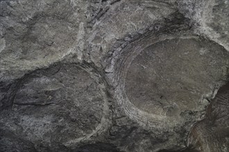 Grooves and circles in the sandstone rock from carving millstones at the Hohllay cave in Berdorf,