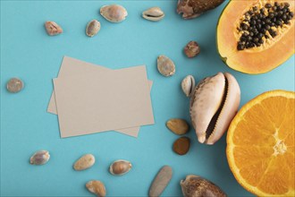 Gray paper business card with ripe cut papaya, orange, seashells on blue pastel pastel background.