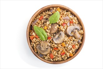 Spelt (dinkel wheat) porridge with vegetables and mushrooms in wooden bowl isolated on white