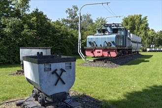 Vintage electric locomotive no. 3 from Krupp AEG with coal wagon, electric locomotive, built in